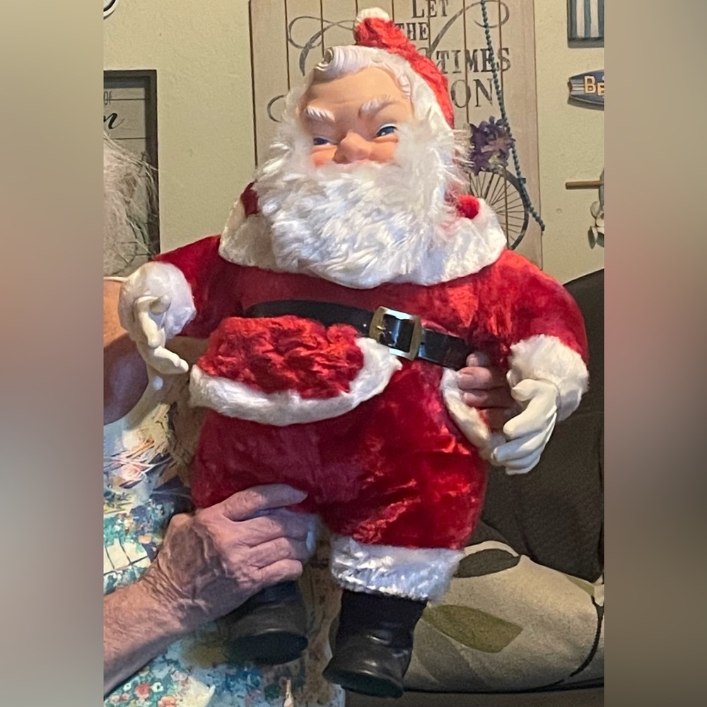 1950s MY TOY Santa Doll Holiday Decor. Great condition. Rubber Face Blue Eyes